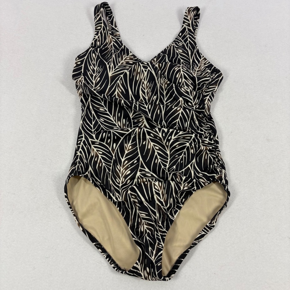 Lands End One Piece Swimsuit Womens 10 Black White Excellent Ruched Slimming